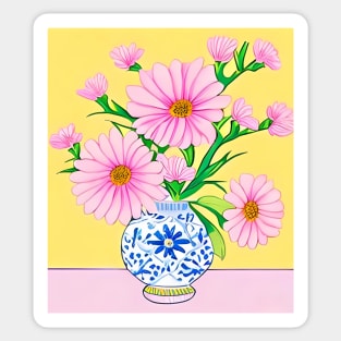 Daisies in chinoiserie jars on yellow Sticker